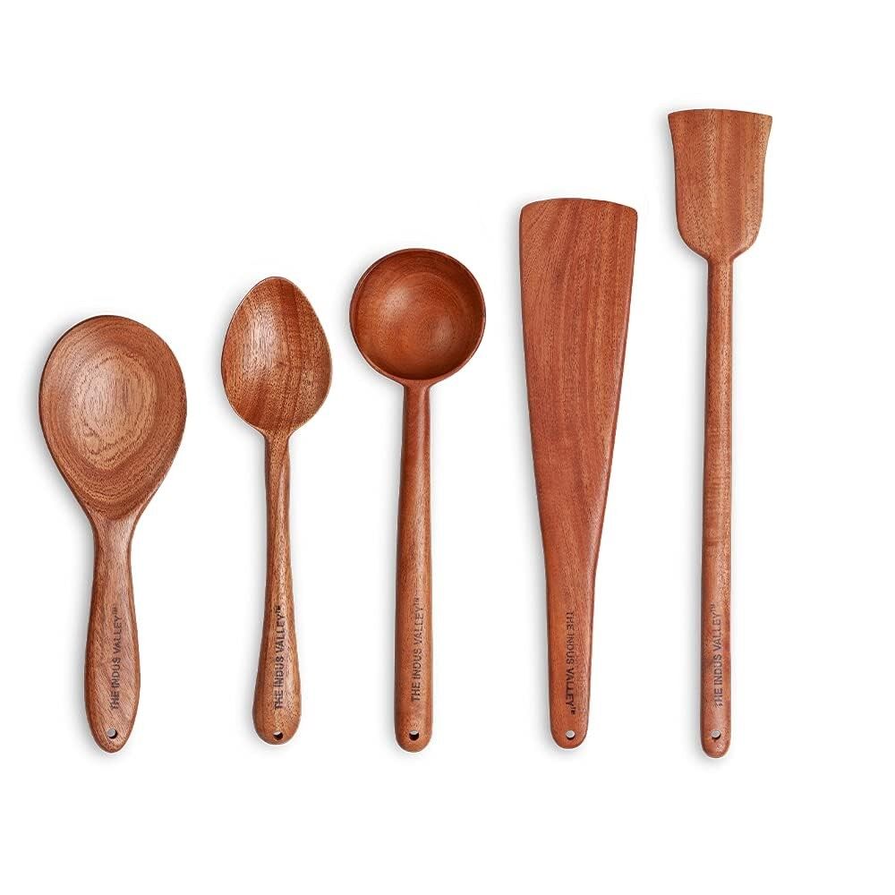 Neem Wood Cooking Utensil Set – Spatulas & Ladles – Natural Non-Stick – 5-Piece, 37CM