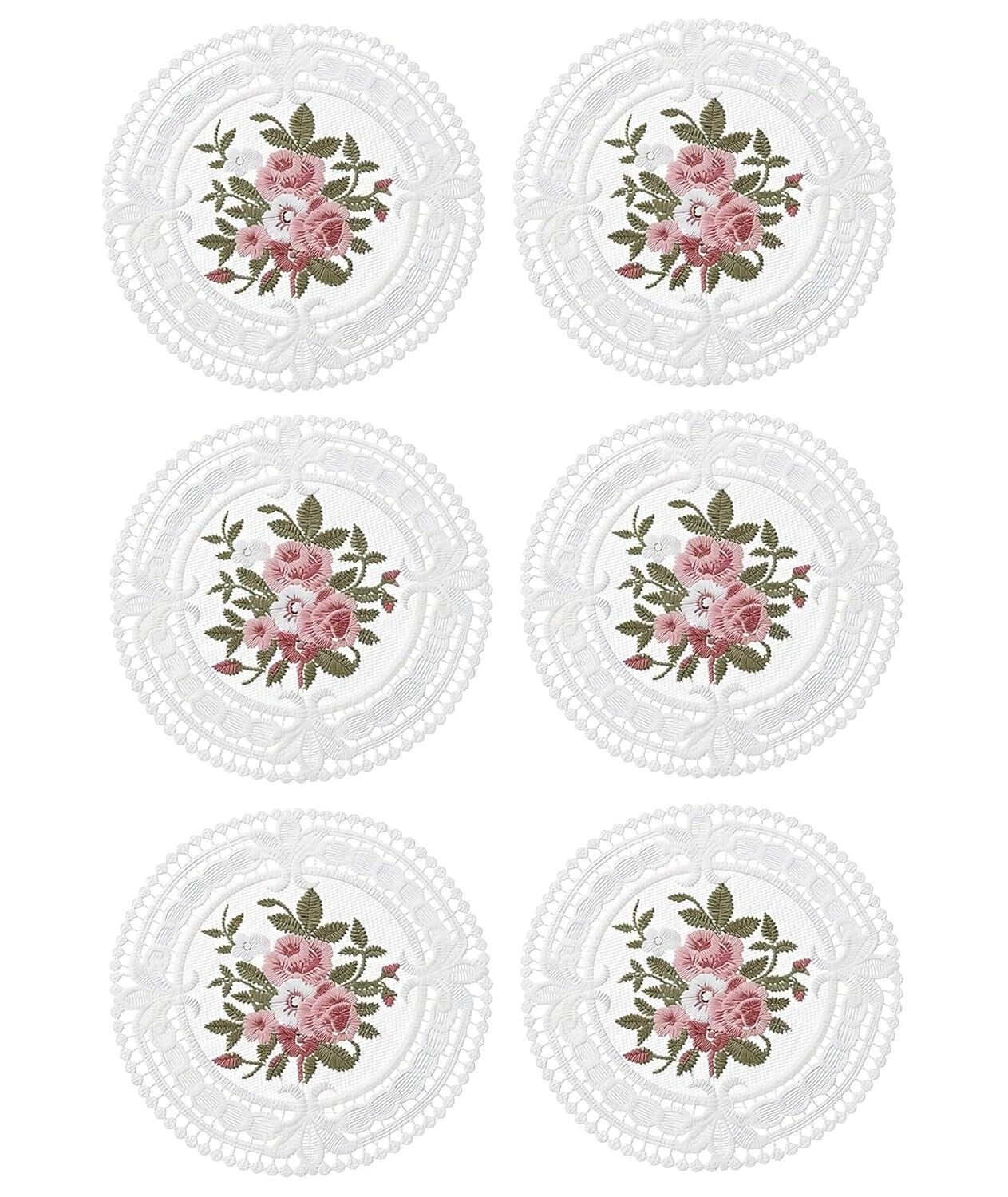 White Vintage Embroidered Coasters Set of 6, Round | Elegant Dining Table Mats, Tea Cup Stands, Home Decor Gift