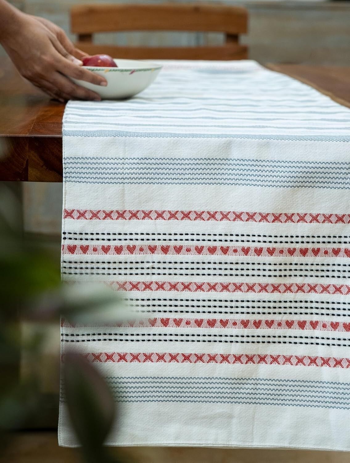 Tischläufer für den Essbereich – 100 % Baumwolle, gewebt – 38 x 193 cm (4–6 Sitzplätze) – Rot-Grau
