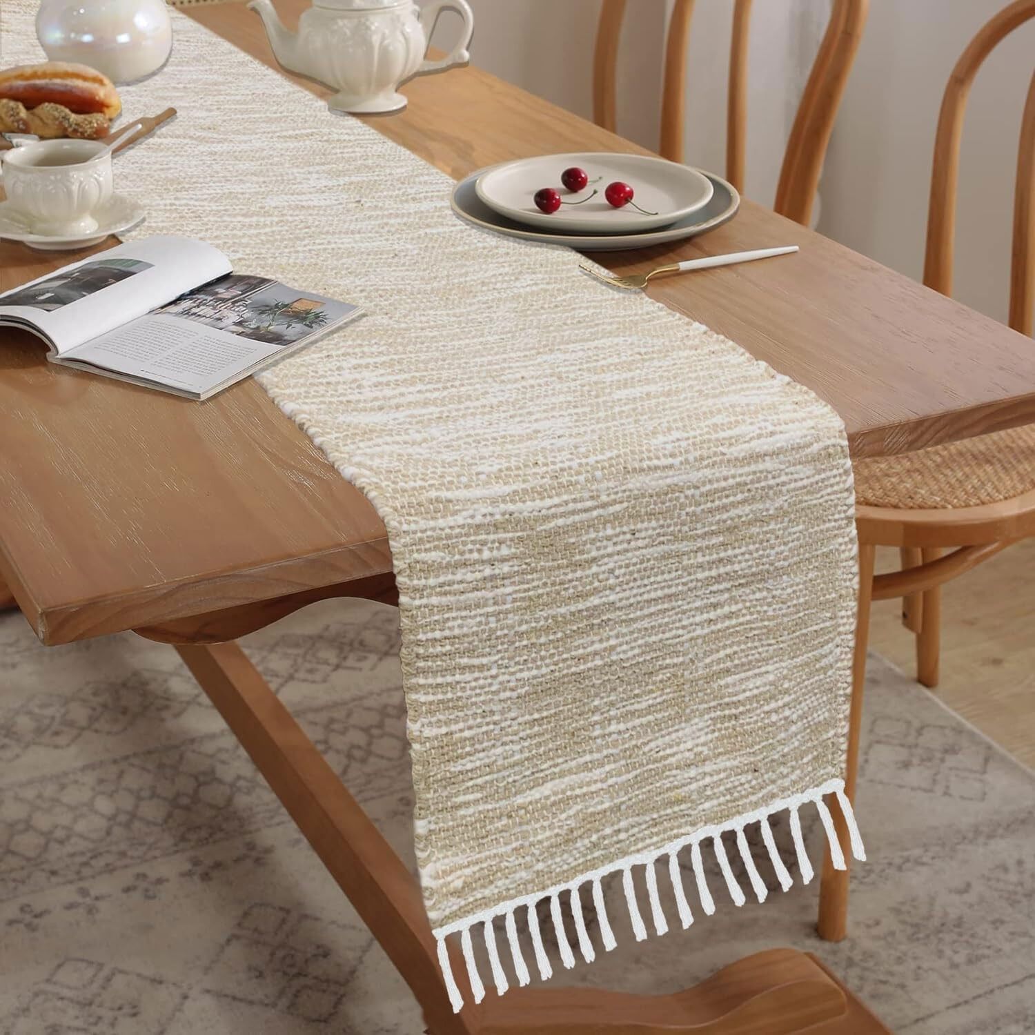 Tischläufer (Großhandel) – Strukturierte Baumwoll-Jute-Mischung – Beige/Weiß – 13 x 74 Zoll