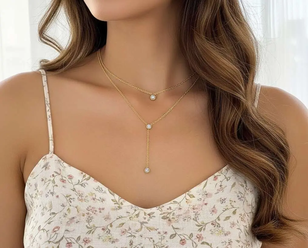 Buy wholesale Double chain necklace with cubic zirconia pendant 