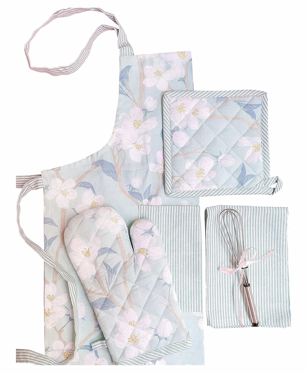 Bedrucktes Schürzen-Set – Küchenwäsche-Kollektion – 100 % Baumwolle – 4-teilig, Türkisblütenmuster