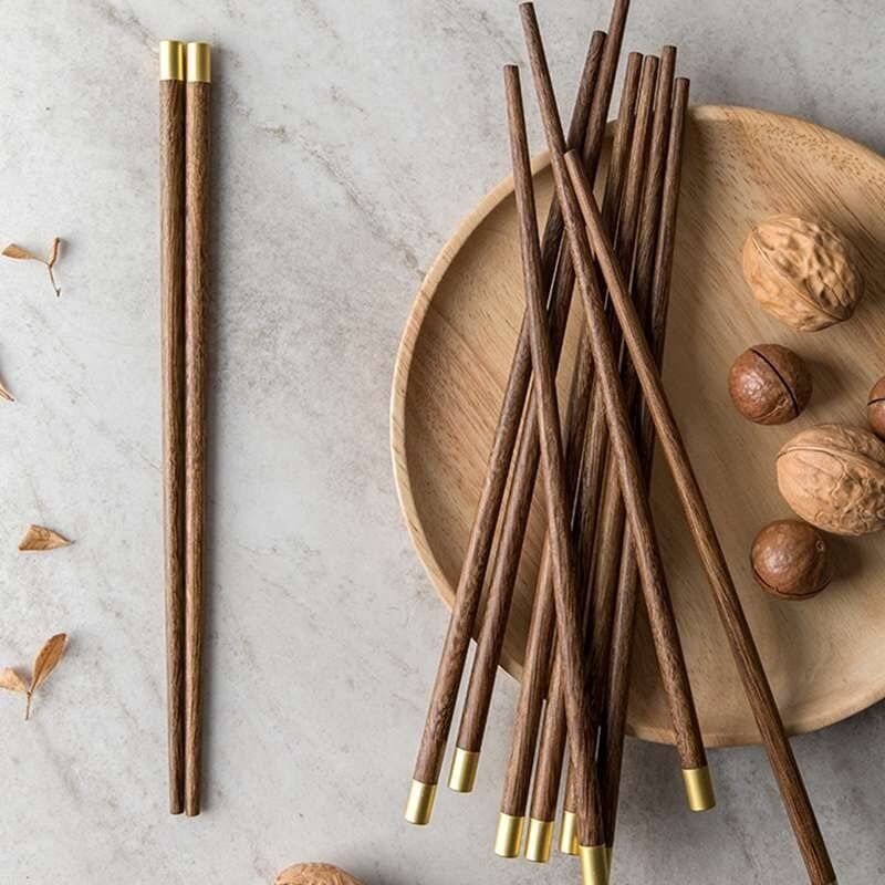 Palillos de madera de ébano y wengué – Palillos de comedor – Madera natural, punta de aleación grabada – 25 cm (2 pares)