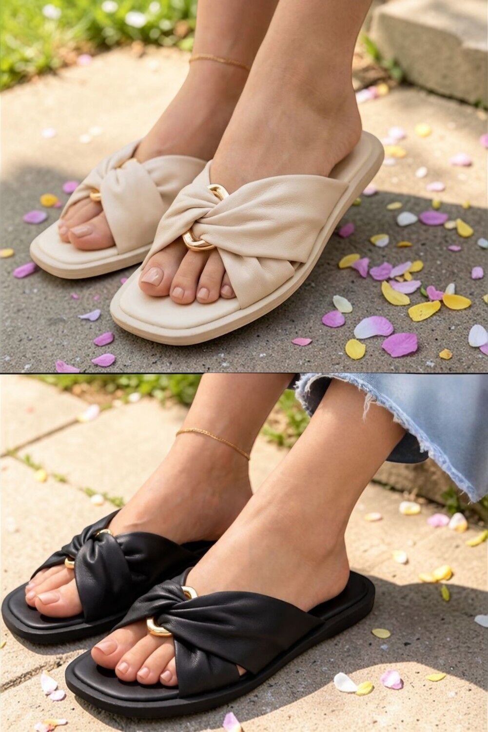 Women's Knotted Slide Sandals – Gold Link Flat Mules (PACK OF 12 PAIRS UK3-UK8)