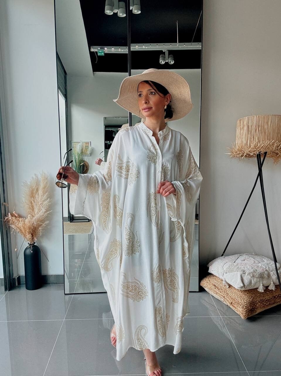 Bohemian long shirt dress with gold embroidery