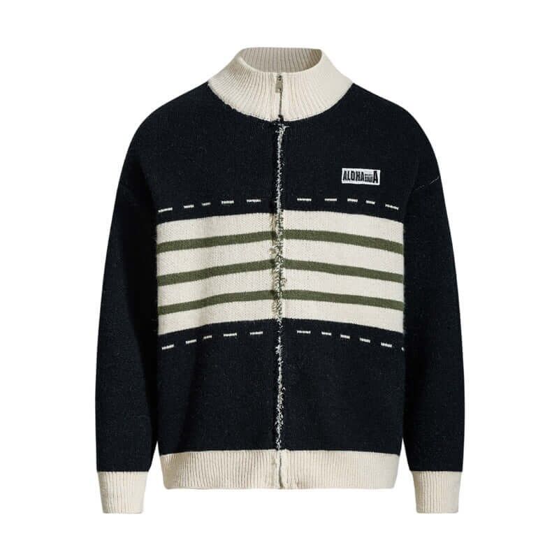 Color-Block Knit Stand Collar Cardigan