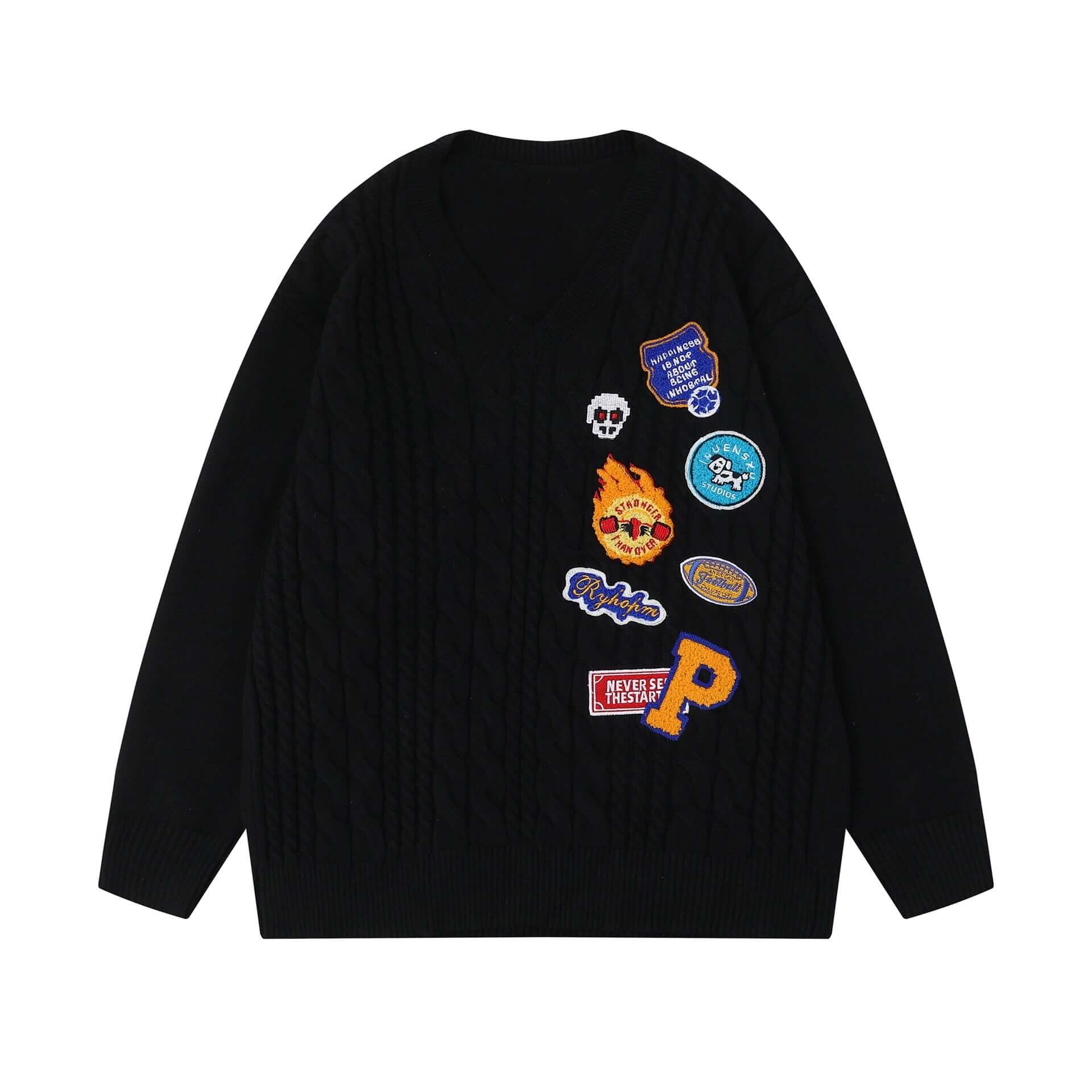 Embroidered Cable Knit VNeck Sweater
