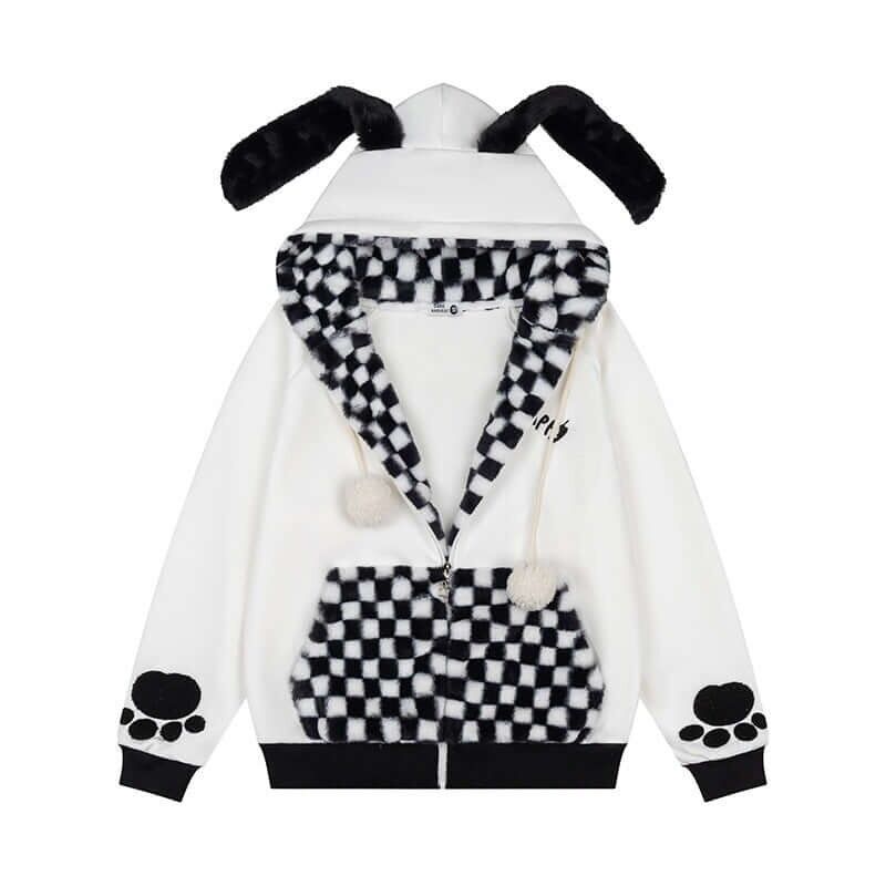 Checkered Fleece Hoodie with Rabbit Ears