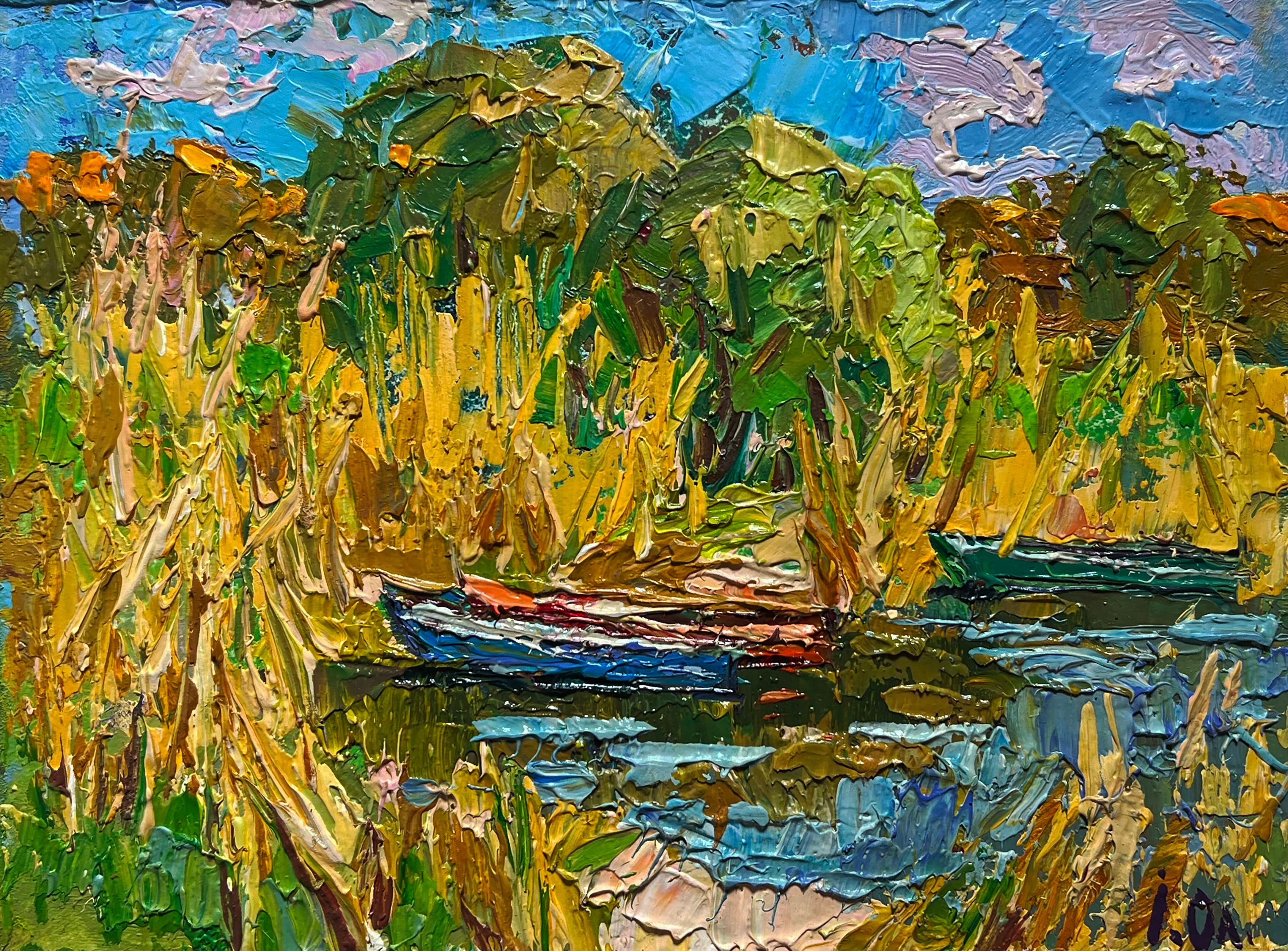 Pintura al óleo Barcos en la orilla Oleksiy Ivanyuk 15x20cm