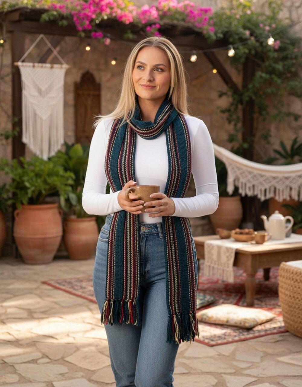 Bufanda artesanal de algodón con flecos