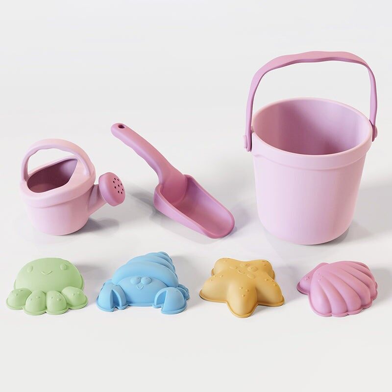 Cubo de silicona con regadera, pala y moldes - Rosa suave