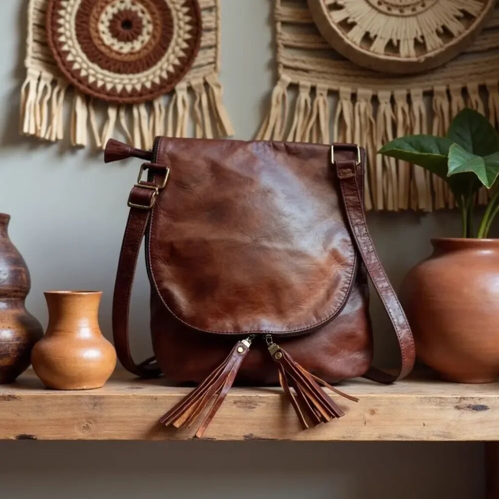 Leather Crossbody Bag with Tassel – Handmade Moroccan Brown Purse, Full Grain Saddle Bag Women, Boho Shoulder Bag, Gift for Her
