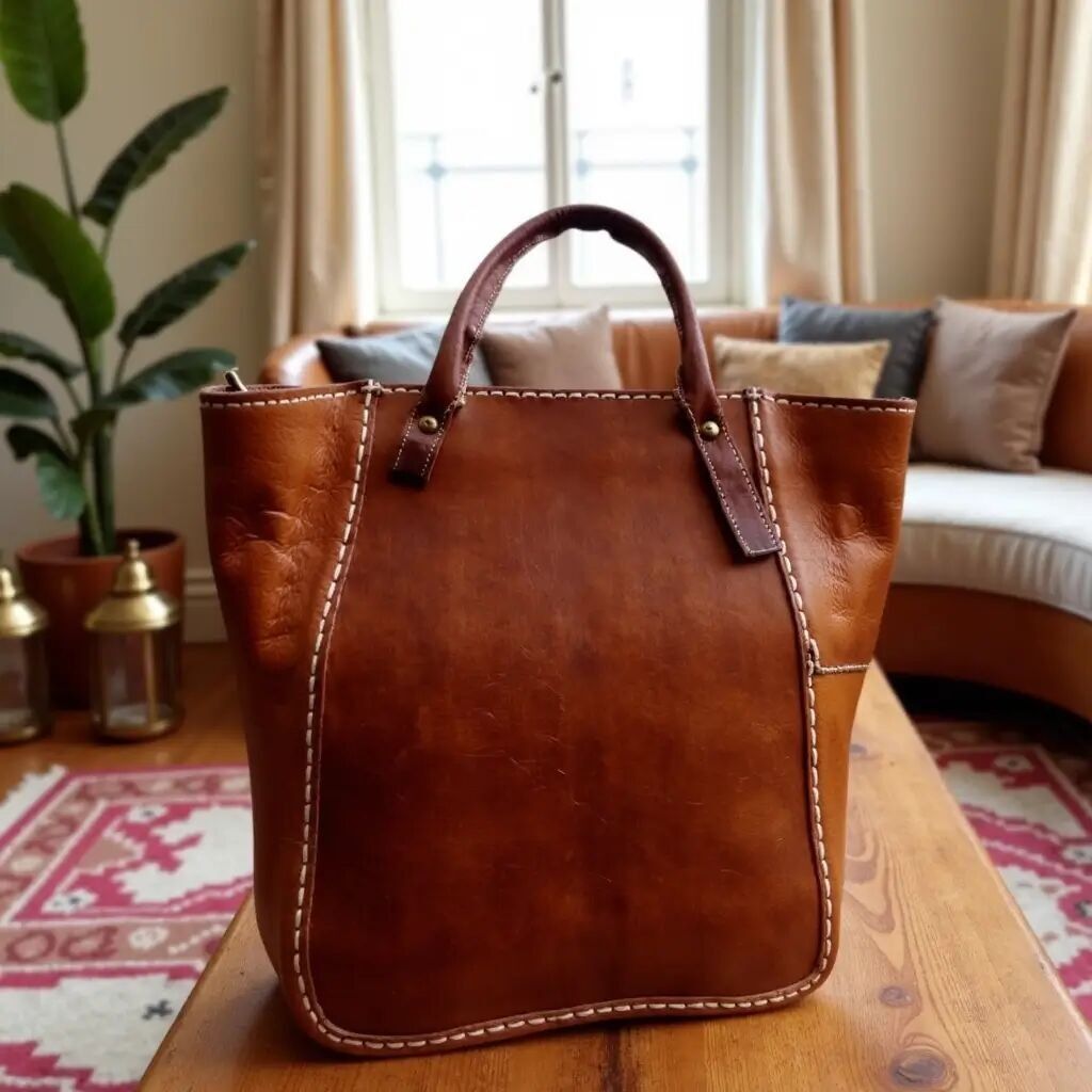 Leather Tote Bag with Zipper – Handmade Moroccan Brown Cognac Carryall, Full Grain Two-Tone Laptop Tote, Work Bag Women, Gift for Her