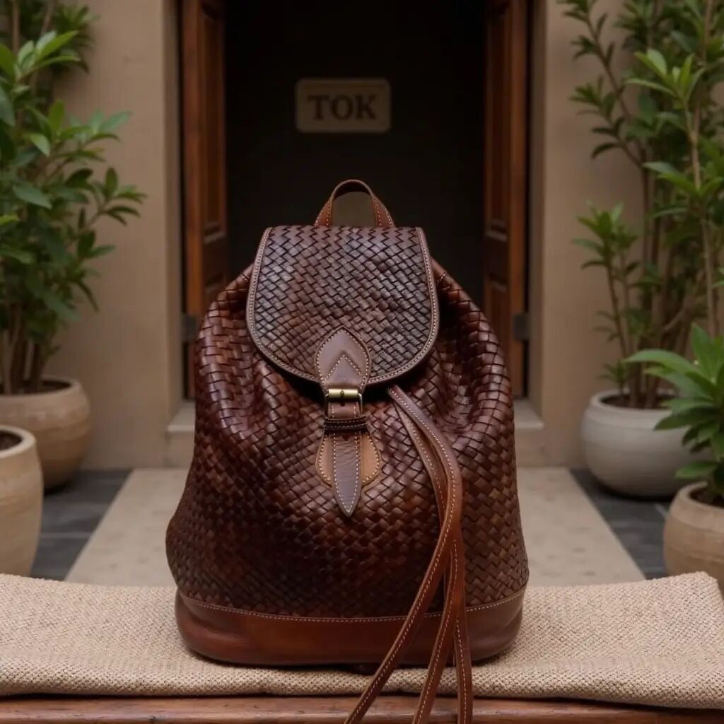 Brown Woven Leather Backpack – Handmade Moroccan Basket-Weave Rucksack, Full Grain Intrecciato Leather Laptop Bag, Unisex Gift, Men Women