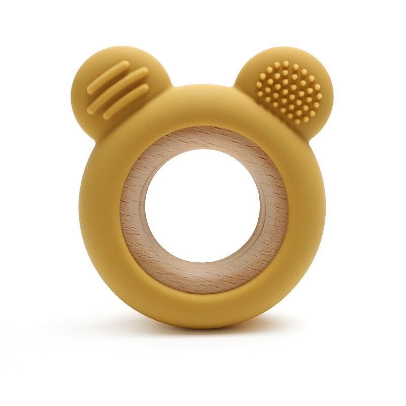 Mordedor de silicona con forma de oso y anilla de madera de haya - Mordedor para bebés - Amarillo ocre