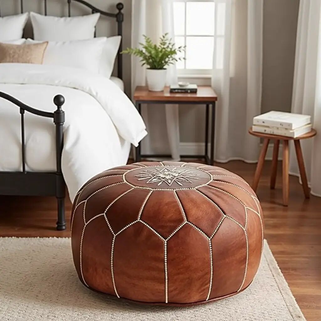 Tan Leather Pouf Ottoman 21″ – Handmade Moroccan Floor Pouf, Caramel Terracotta Star Compass Design, Boho Living Room Decor, Housewarming Gift