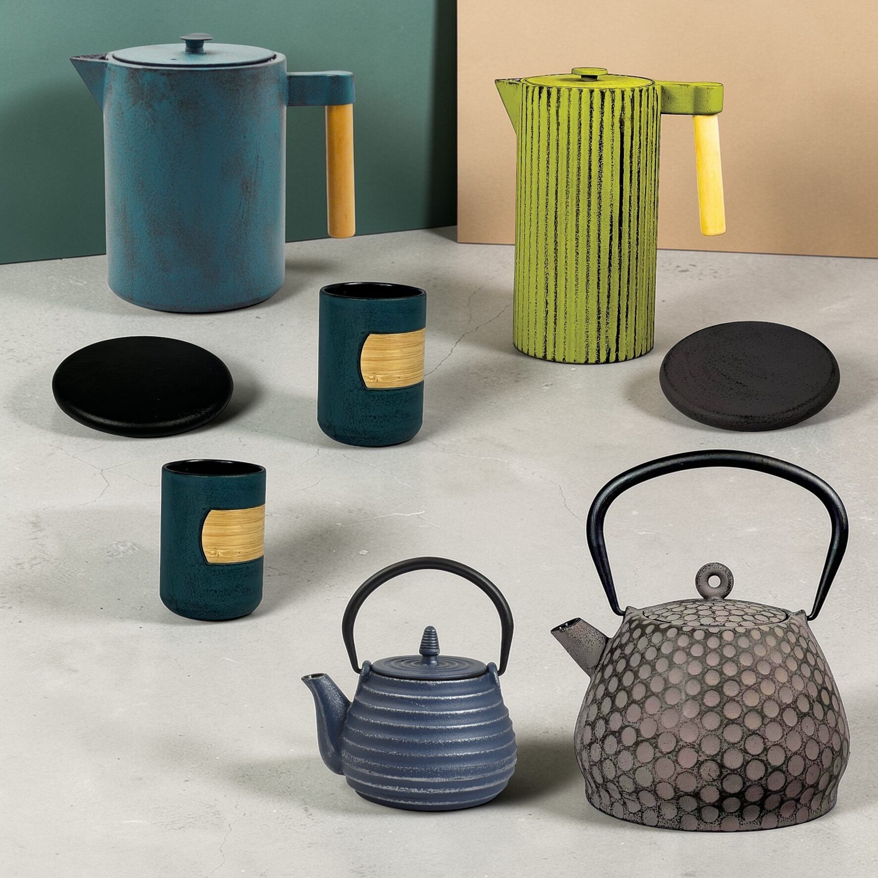 Boutique Display Set Cast Iron – 4 Teapots (0.8–1.5l) + 2 Cups + 2 Saucers | Gulu, Kohi, Si, Classic