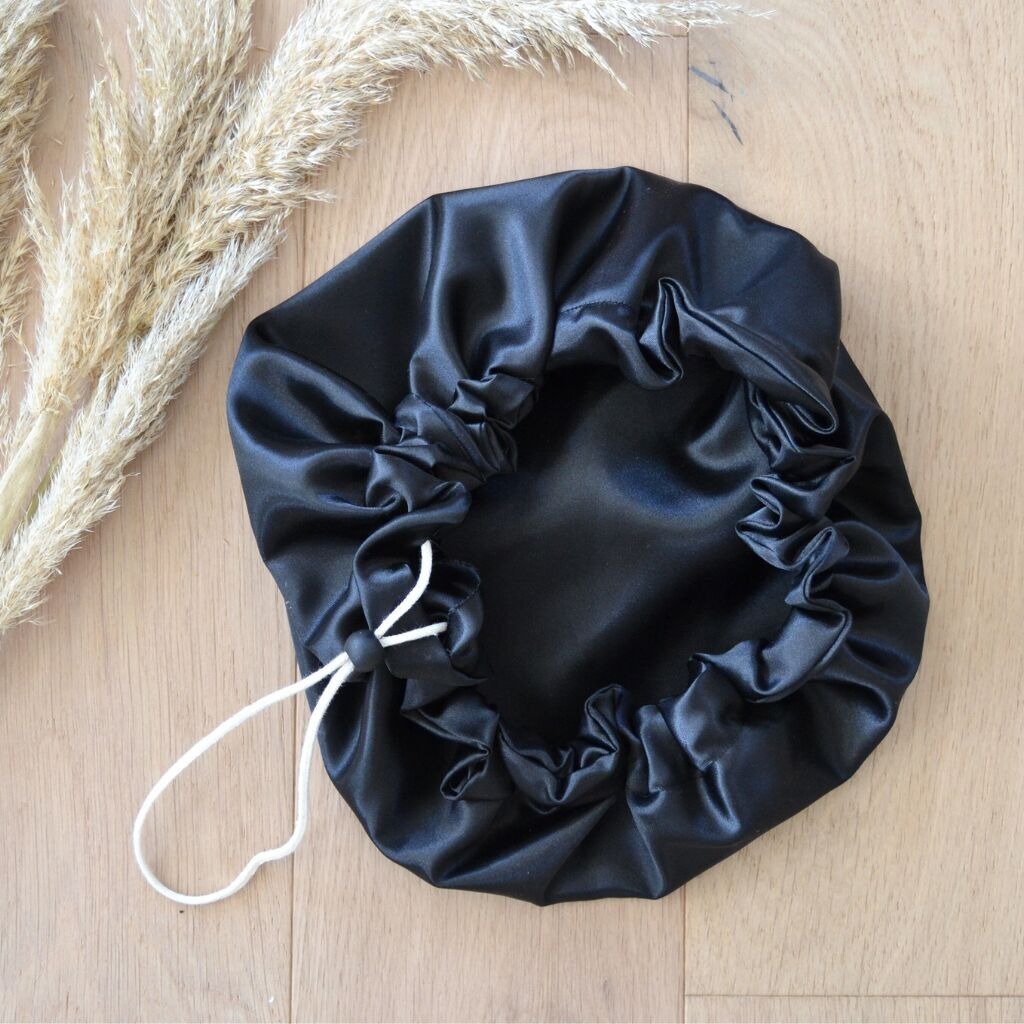 Satin hair care or night cap, reversible and adjustable sizes, black/black