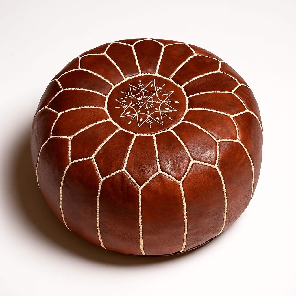 Brown Leather Pouf Ottoman 21″ – Handmade Moroccan Floor Pouf, Cognac Tonal Star Embroidery, Boho Living Room Decor, Housewarming Gift