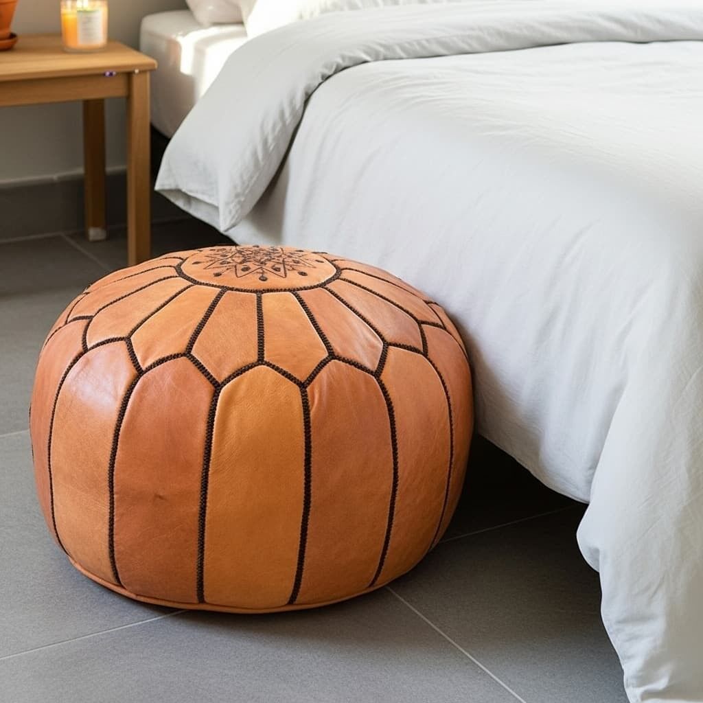 Tan Leather Pouf Ottoman 21″ – Handmade Moroccan Floor Pouf, Black Stitch Star Medallion, Boho Living Room Decor, Housewarming Gift
