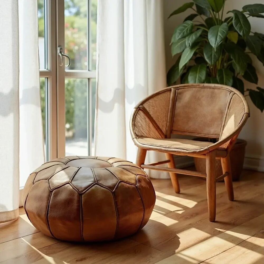 Leather Round Ottoman 21″ – Handmade Moroccan Tall Floor Pouf, Caramel Light Brown Dark Stitch Scalloped Panels, Boho Living Room Seating, Gift