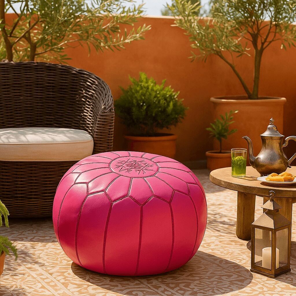 TITRE ETSY Pink Leather Pouf Ottoman 21″ – Handmade Moroccan Floor Pouf, Burgundy Mandala Embroidery Boho Seating, Girls Room Living Room Decor, Gift