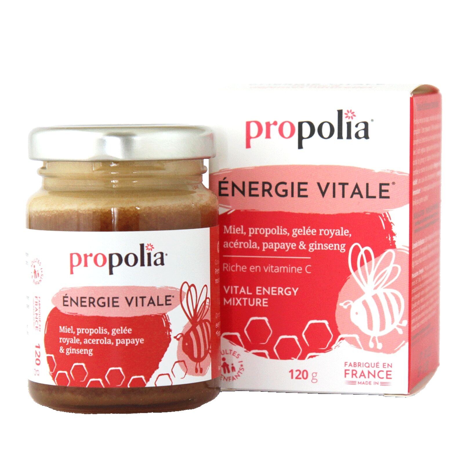 PROPOLIA - Vital Energy - Energy & Immunity Food Supplement - Honey, Propolis, Royal Jelly, Acerola, Papaya & Ginseng - 100% Natural - Made in France - 120 g