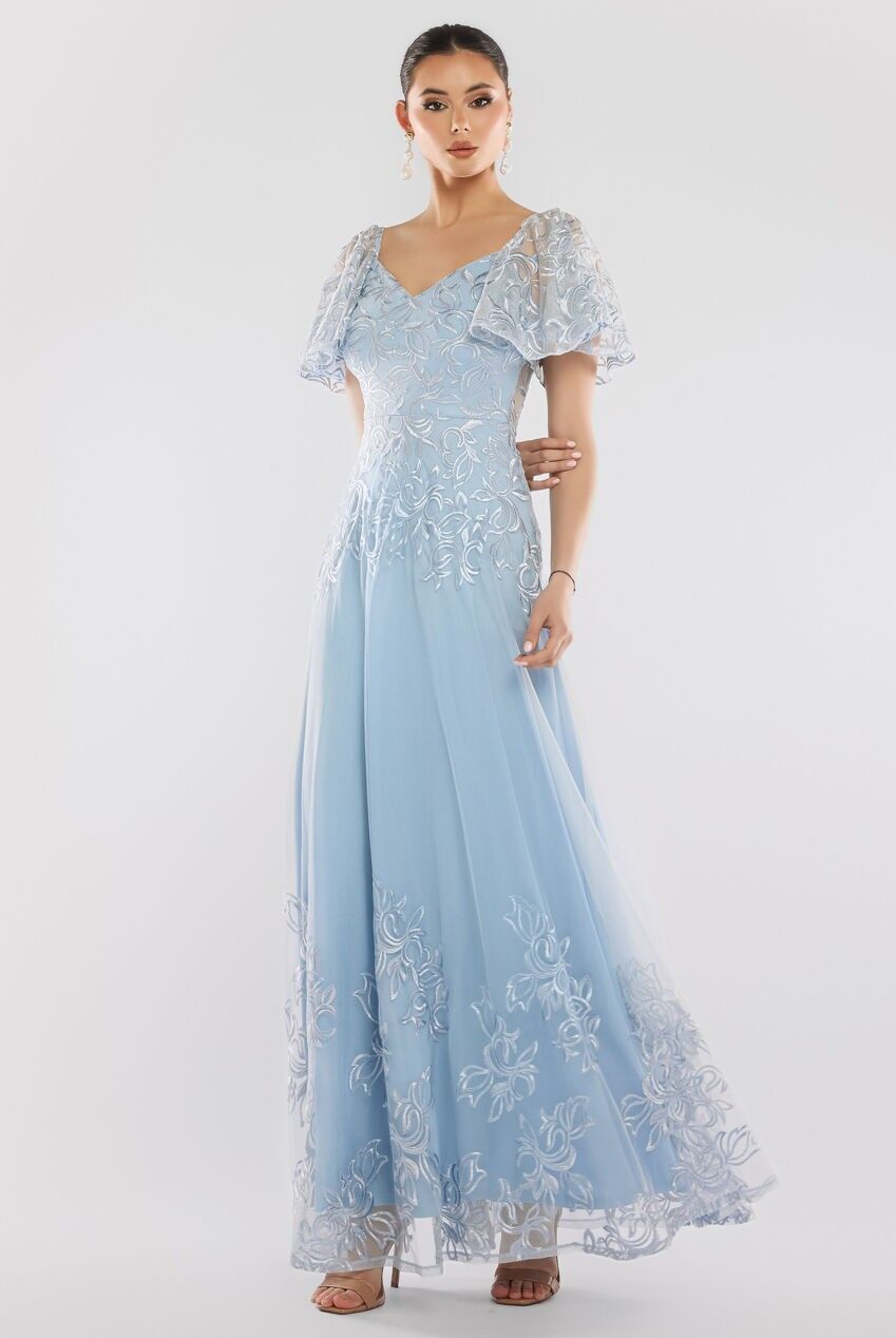 Maxikleid mit Spitzenärmeln, besticktem Mesh und A-Linien-Schnitt, DR3942
