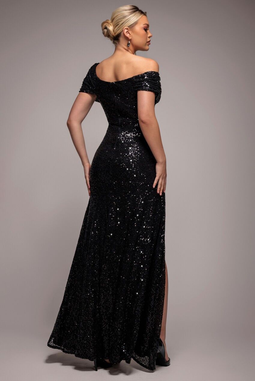 Schulterfreies Pailletten-Maxikleid mit Wasserfallausschnitt und Kordelzug DR4824