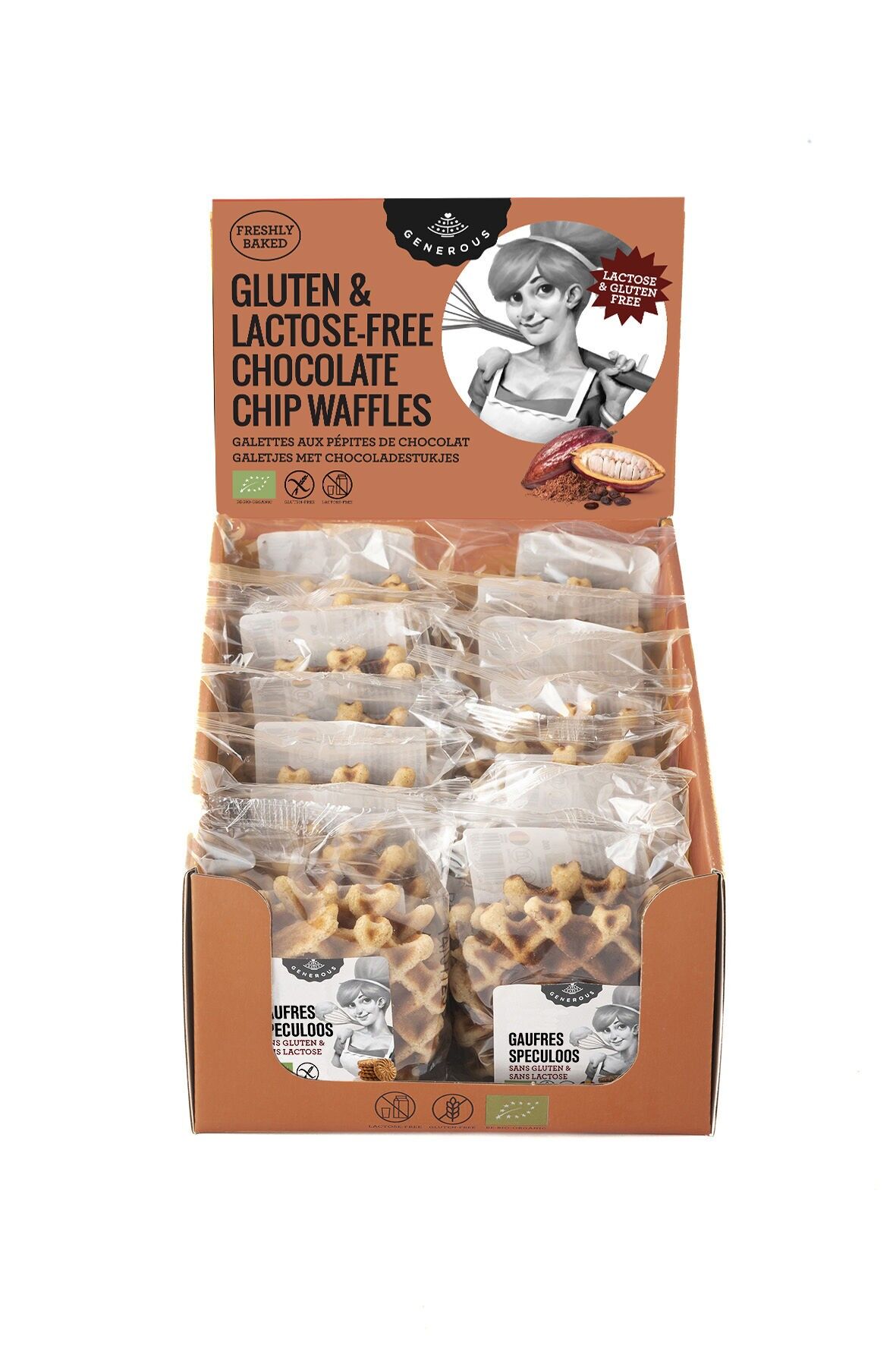 Présentoir Gaufres aux pépites de chocolat. Bio, ohne Gluten und ohne Laktose.(14 x 60 g) - Wendy Waffel