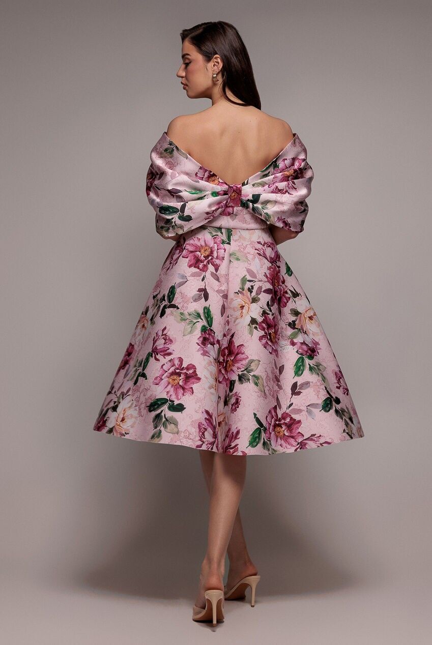Schulterfreies, geblümtes Midikleid mit Schleife am Rücken, A-Linie, DR5120