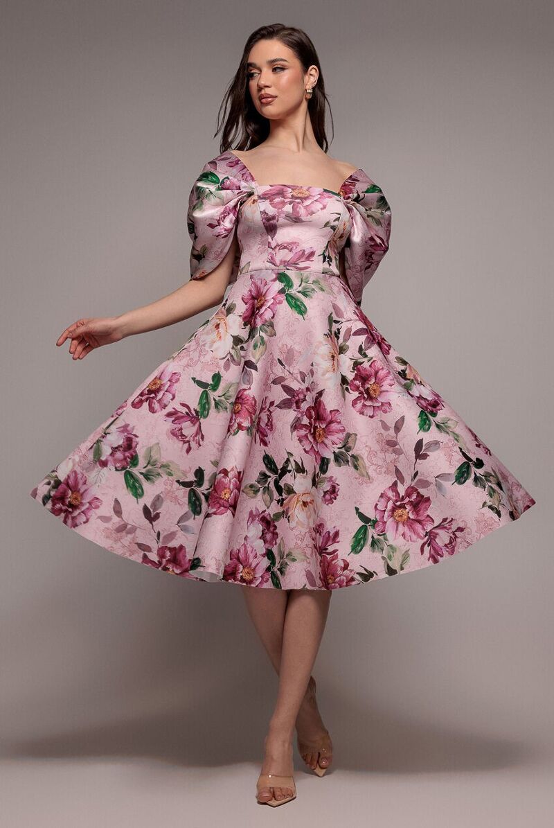 pink floral dress knee length Buy wholesale Off Shoulder Bow Back A Line Midi DR5120 launchdate: 12/18/2024