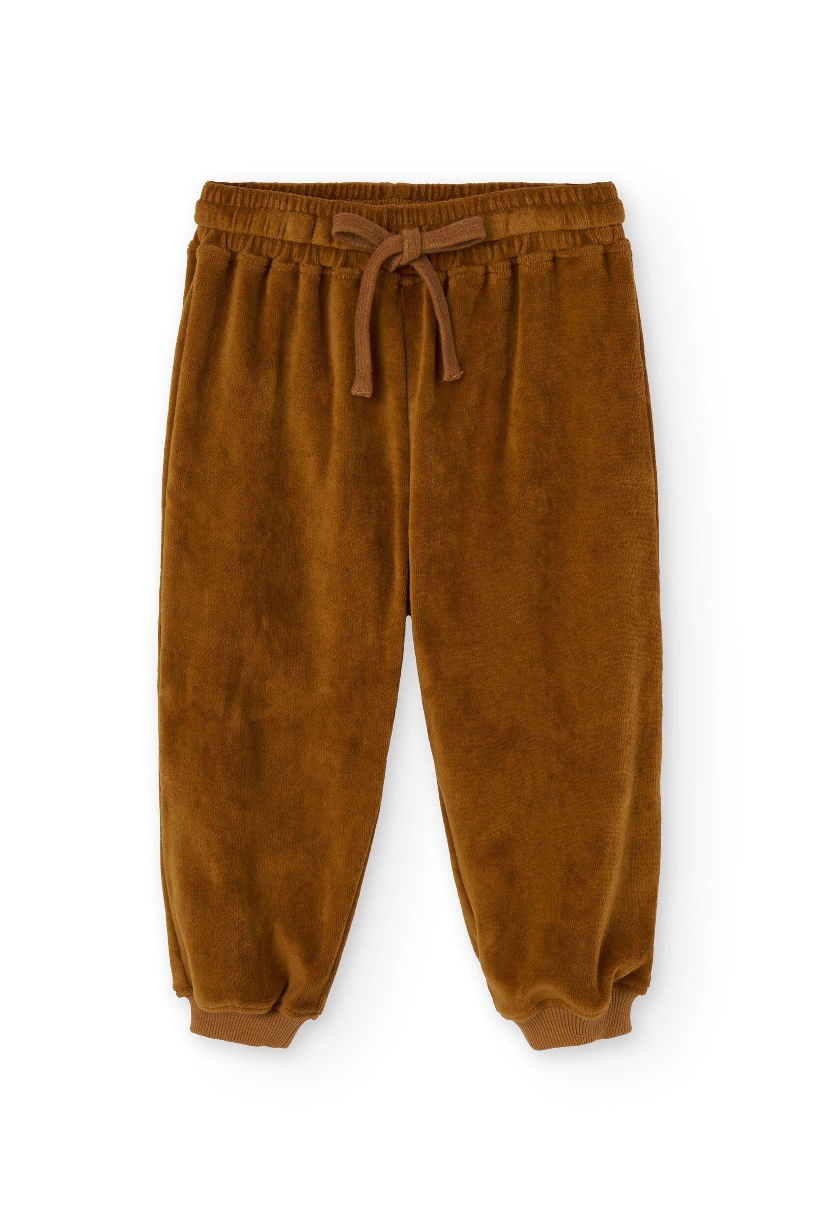 Organic velvet baby pants in Terracotta