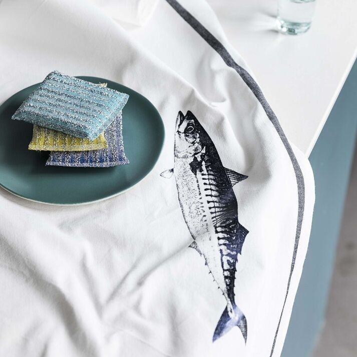 Mackerel Bright Blue White Tea Towel 50 x 70
