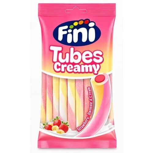Box of 12 x 80g bags of Creamy Strawberry Banana Halal Fini Tube Candies