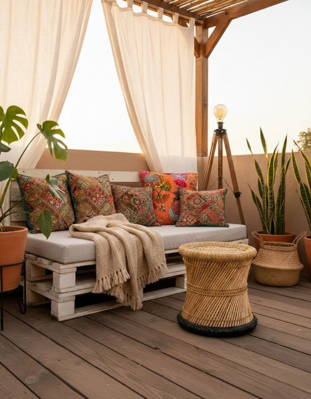 Handmade bamboo stool with woven seat