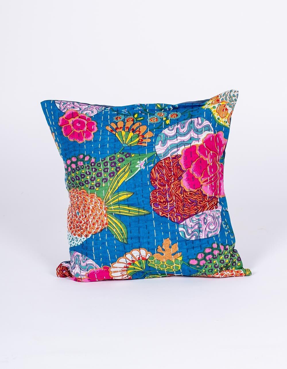 Handmade blue cushion cover with printed flowers