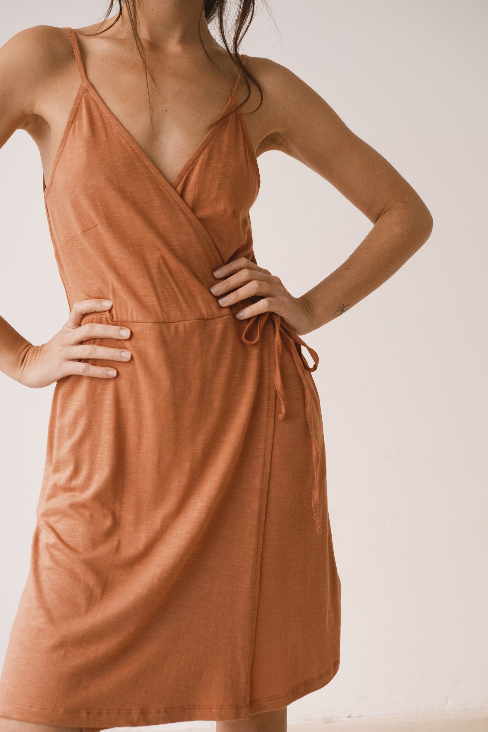 Coral pink straps wrap dress