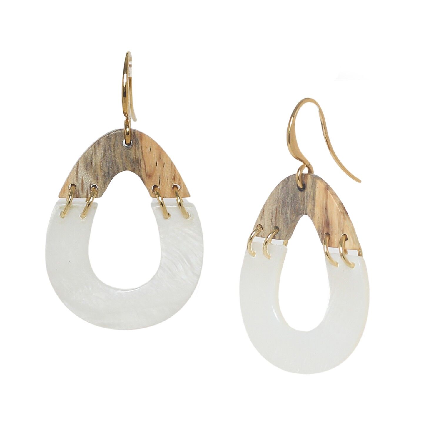 Doppelte Tropfenohrringe aus weißem Perlmutt und Tamarindenholz