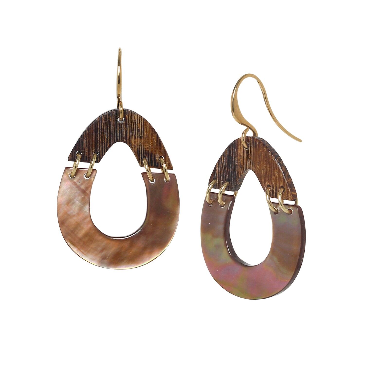 DOUBLE DROP drop-shaped hook earrings in brown mother-of-pearl and roblès wood