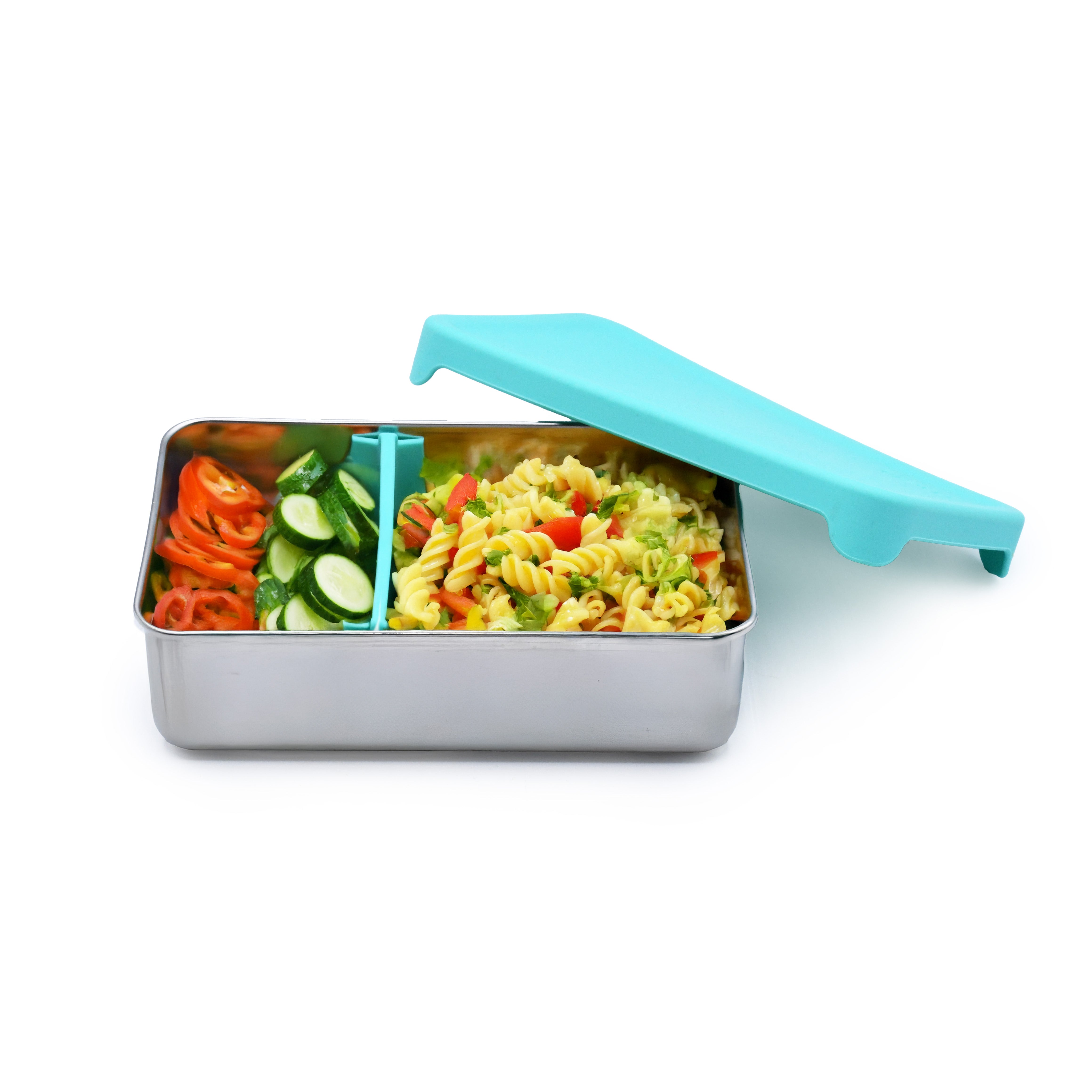 Fiambrera bento de acero inoxidable con tapa de silicona y separador extraíble.