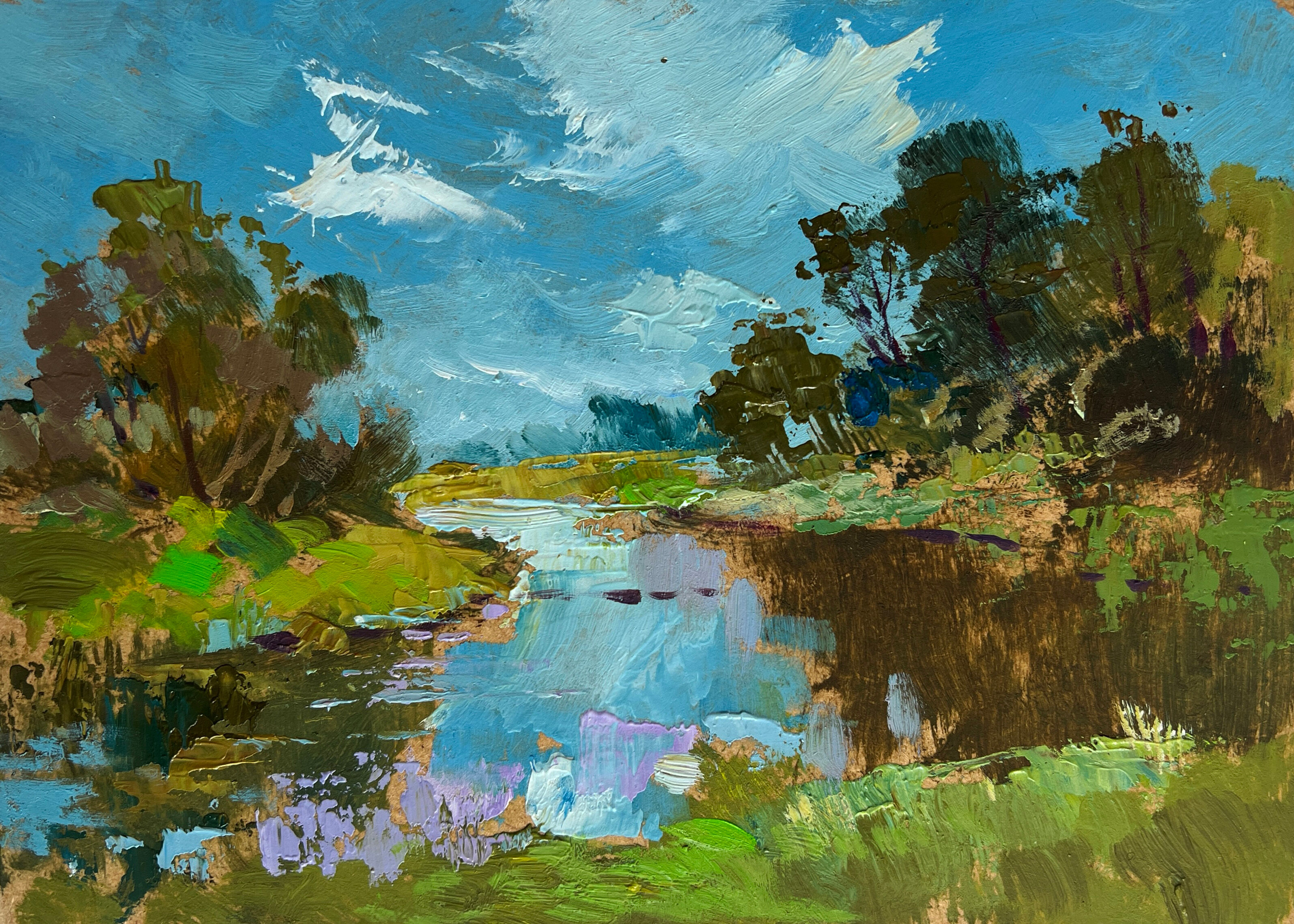 Dipinto ad olio "Il fiume serpeggiante" di Yuriy Suprunchuk, 15x20 cm.