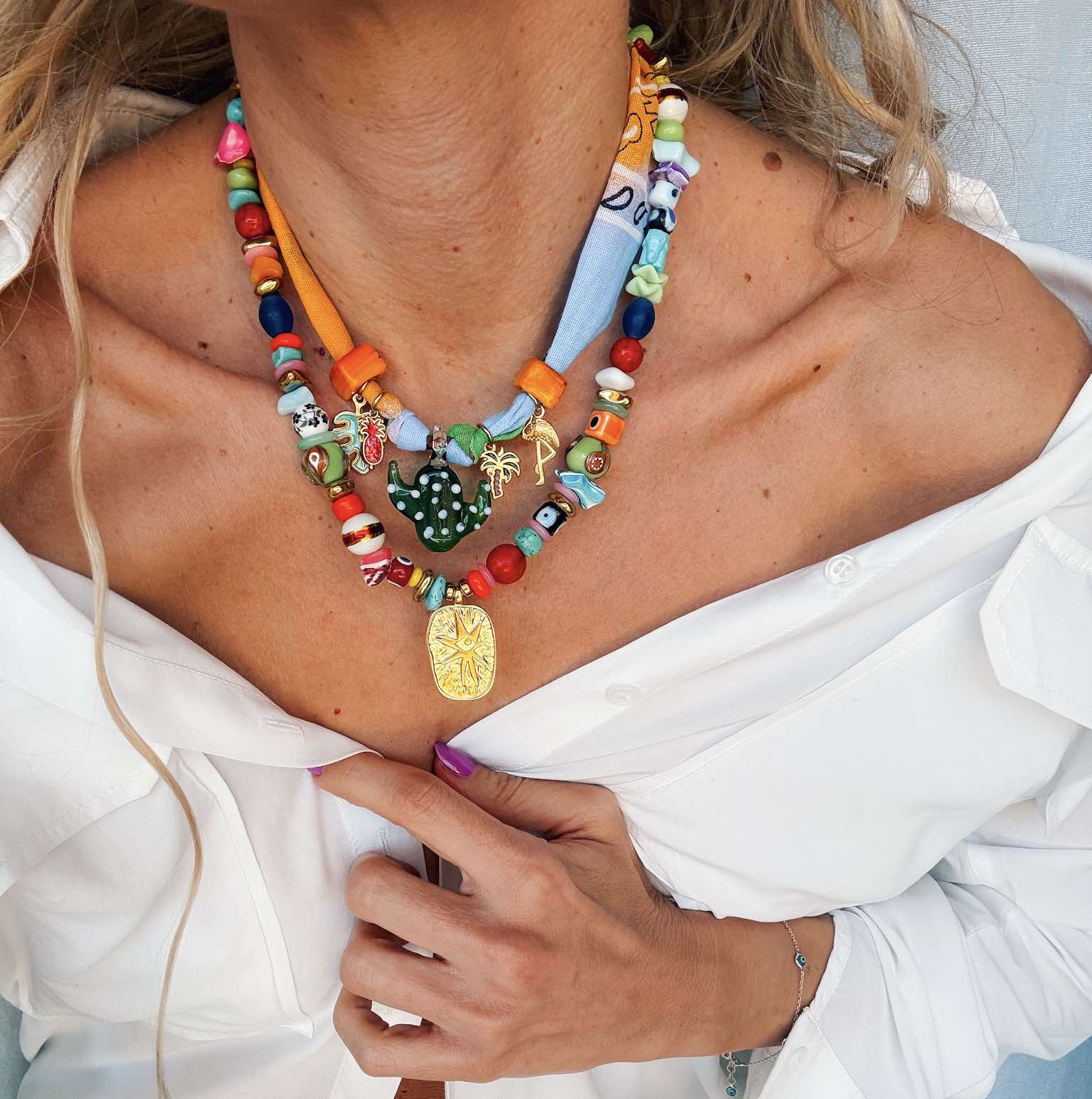 Colorful Mediterranean Charm Necklaces with bandana & beads