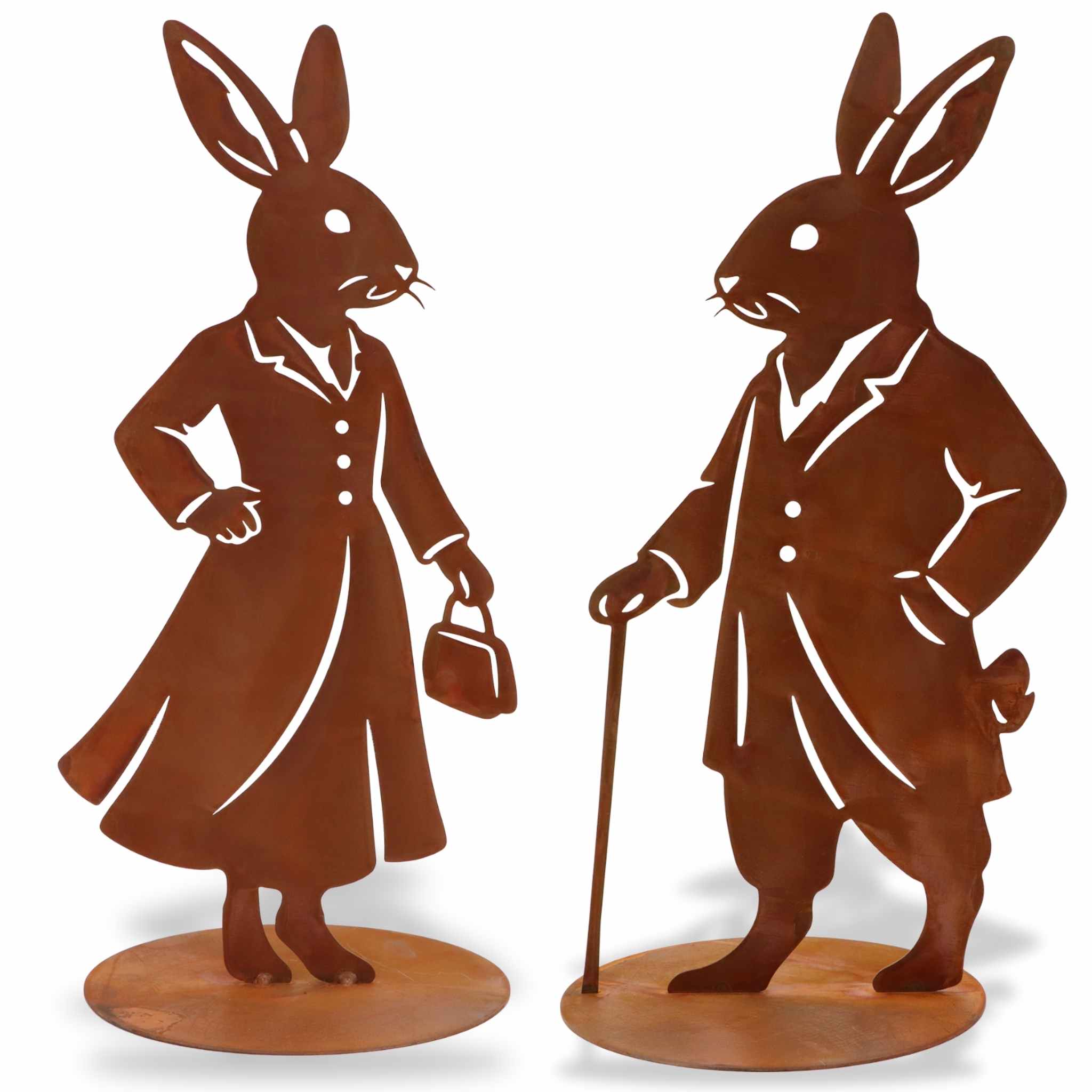 Rusty metal rabbit figurines – Sir Hopps & Lady Leaf garden decoration
