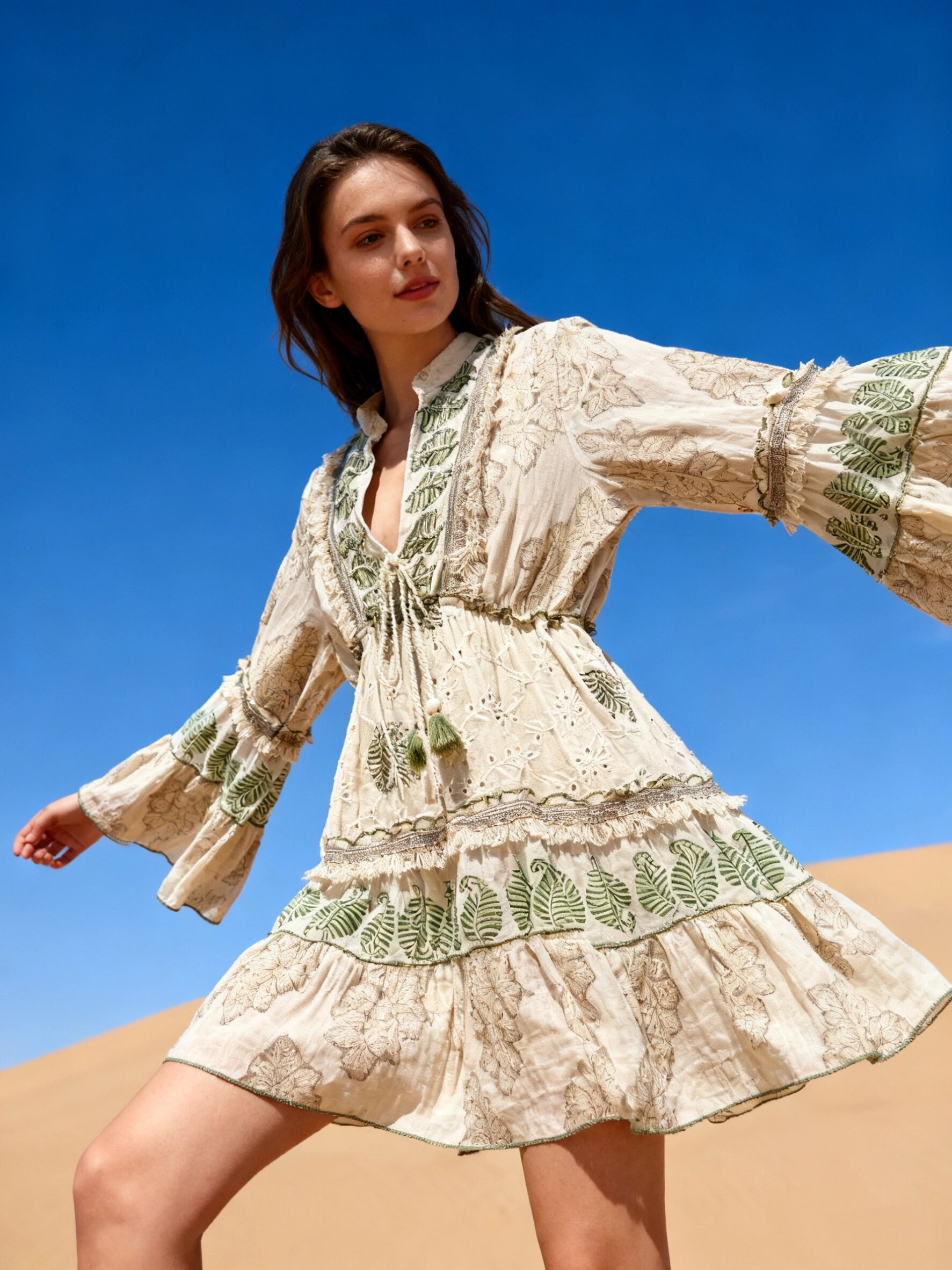 Midi-length flared dress with floral embroidery