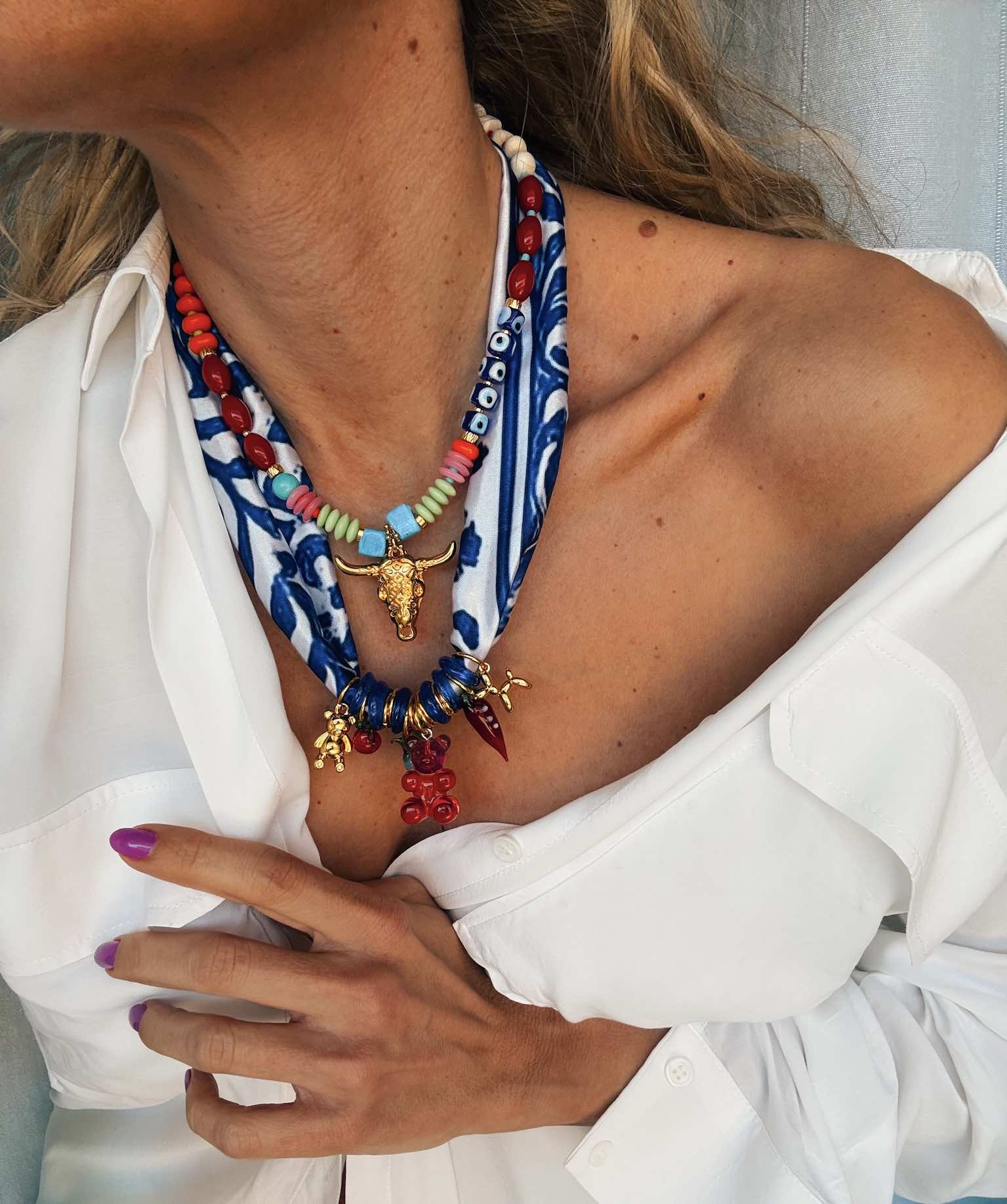 Colorful Bull Charm Beaded Necklace and Scarf Teddy Necklace