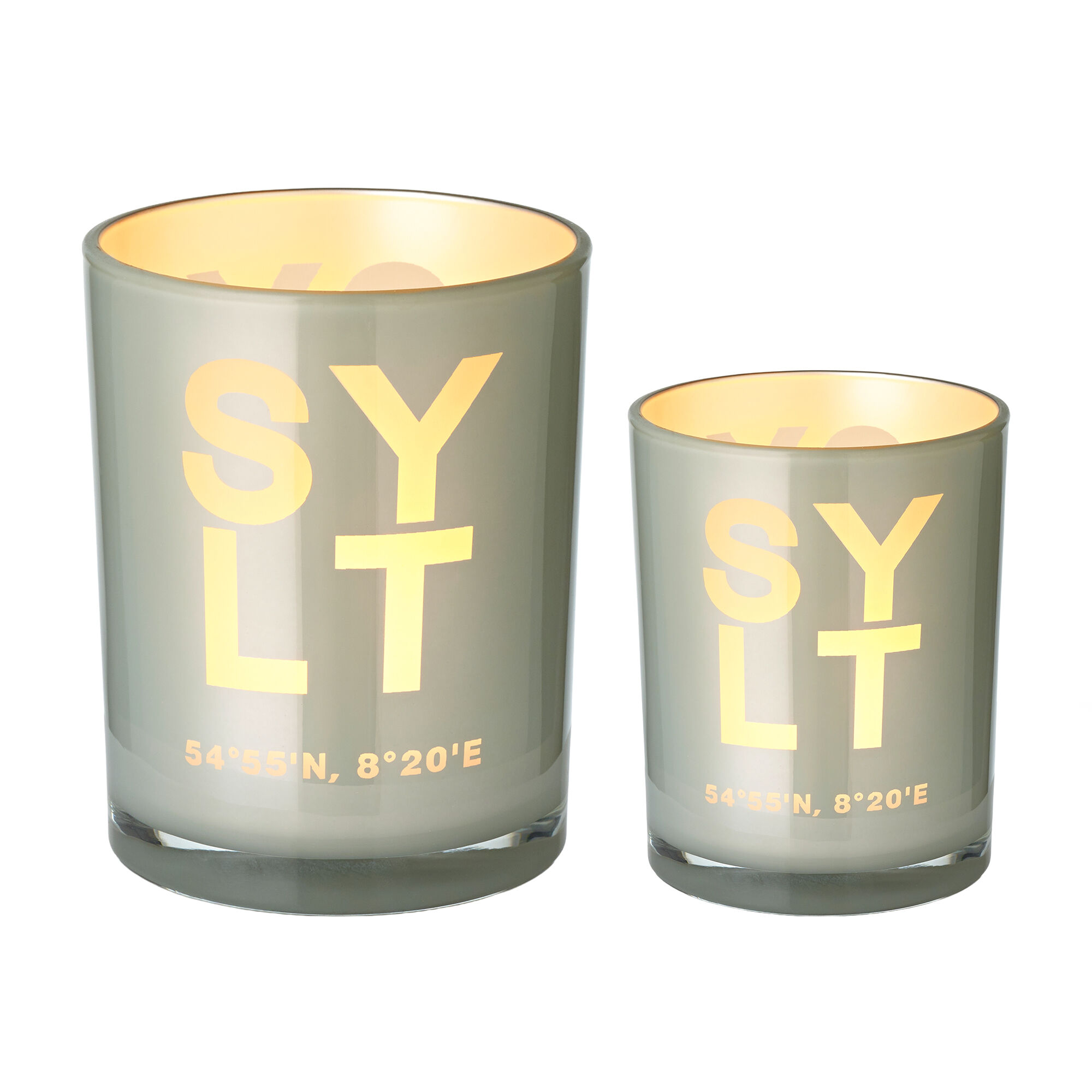 2er-Set Teelichtglas Sylt (Höhe 8 & 12,5 cm), grau, Sylt-Motiv