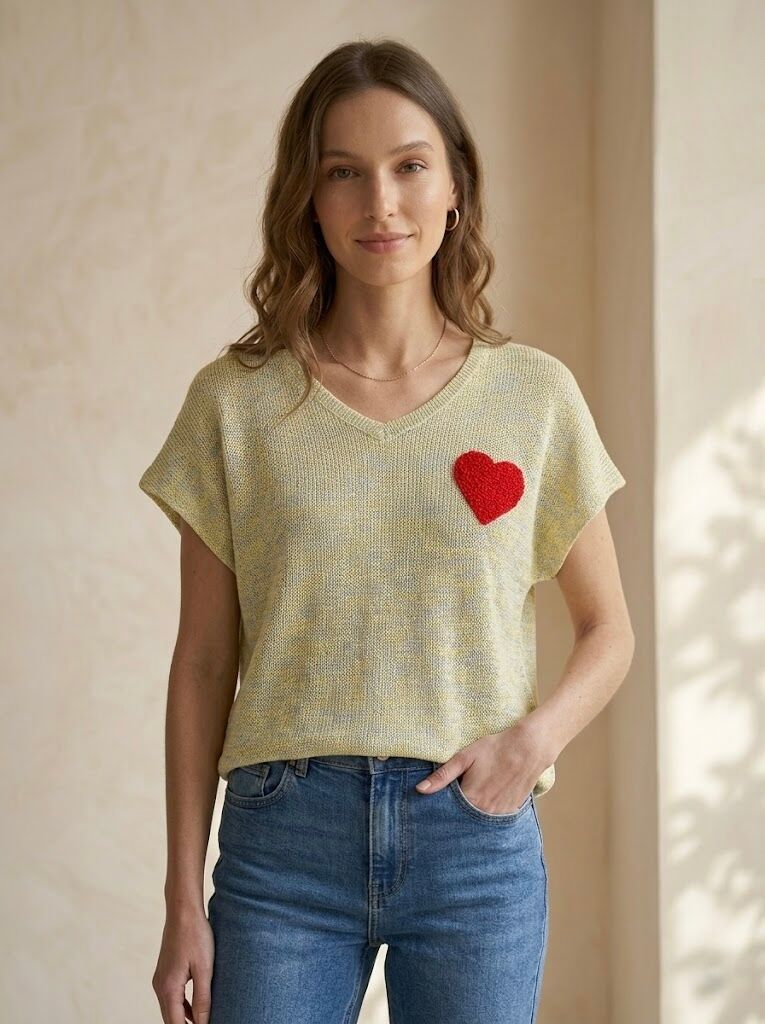 Pull maille coton bicolore manches courtes cœur brodé PT2623