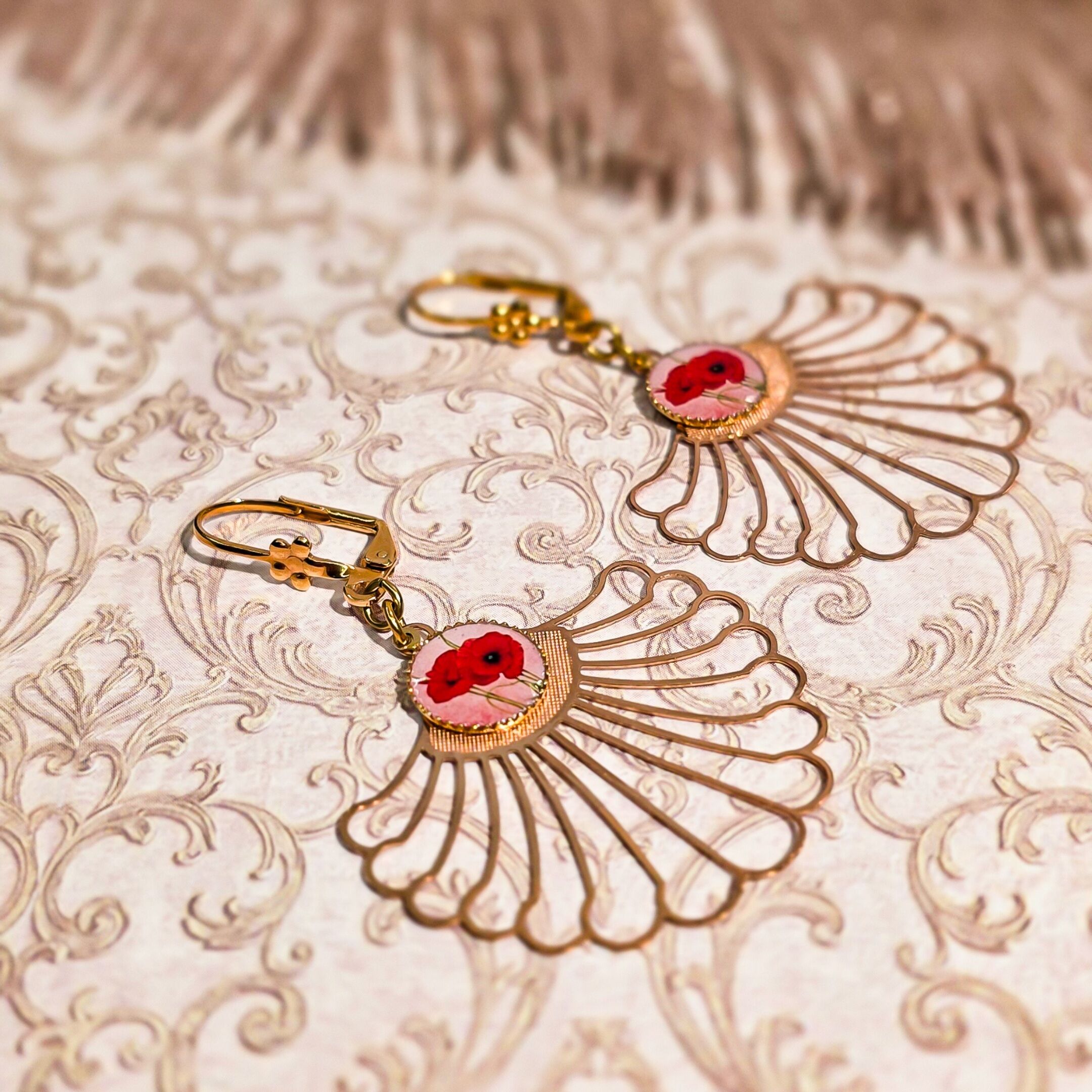 Boucles boheme chic feuille fleur coquelicot rouge rose doré Fête des mères Cadeau Maman Cadeau Maîtresse Noël