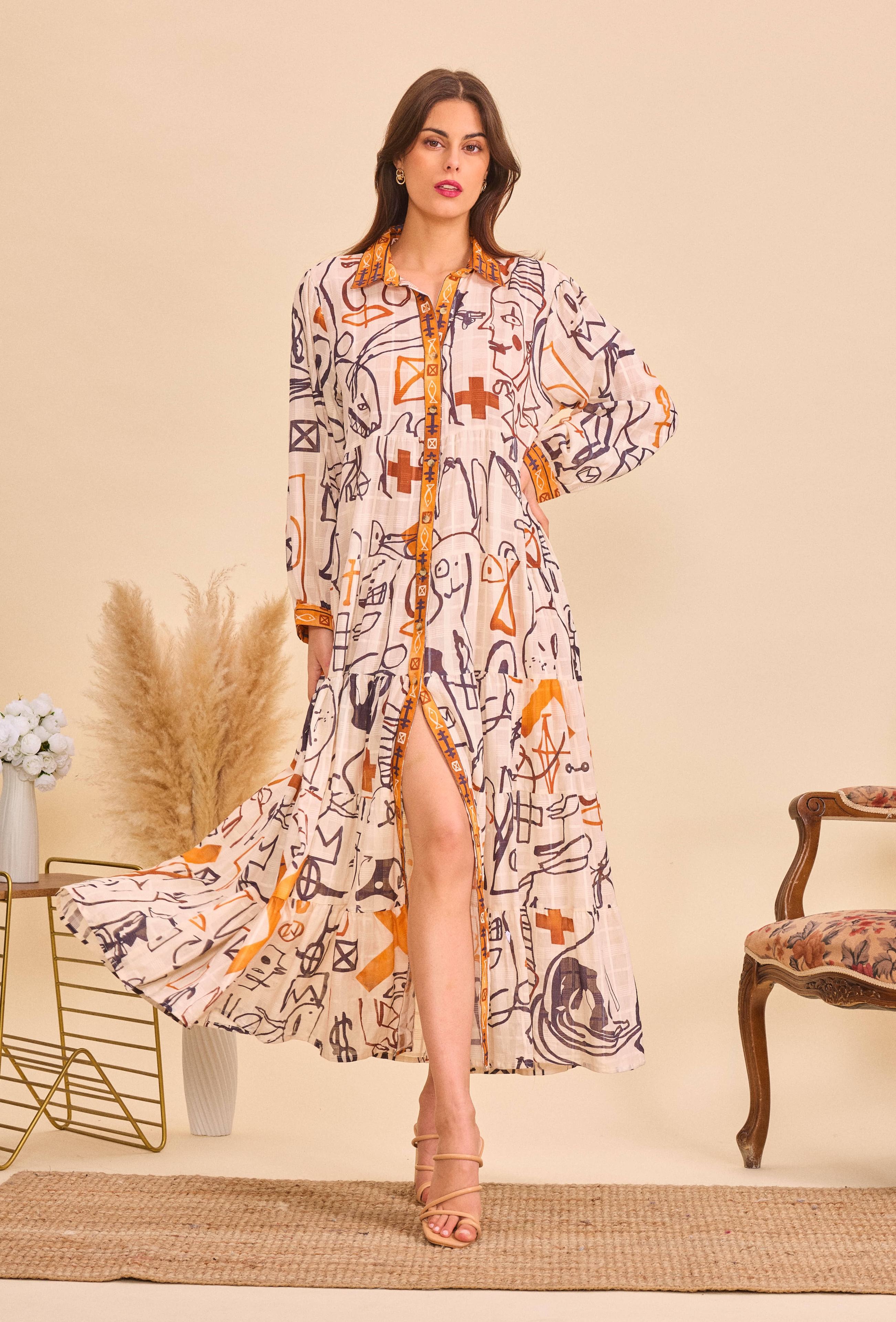 Bohemian style long cotton shirt dress - Beige